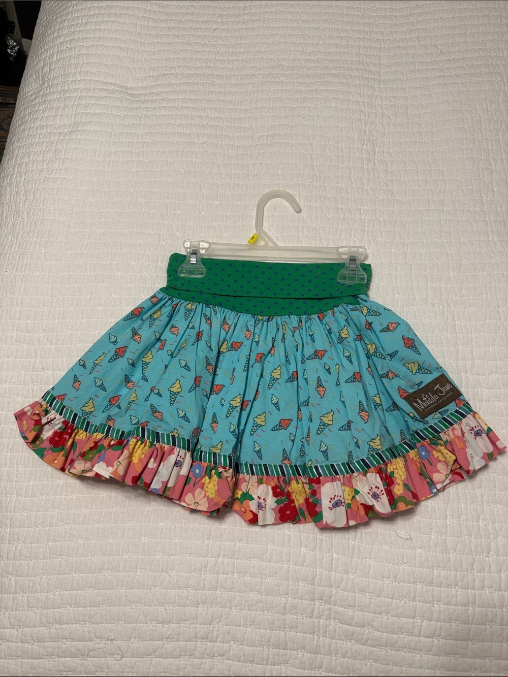 Matilda Jane Blue Ice Cream Print Skirt with Green Waist and Floral Ruffle 4